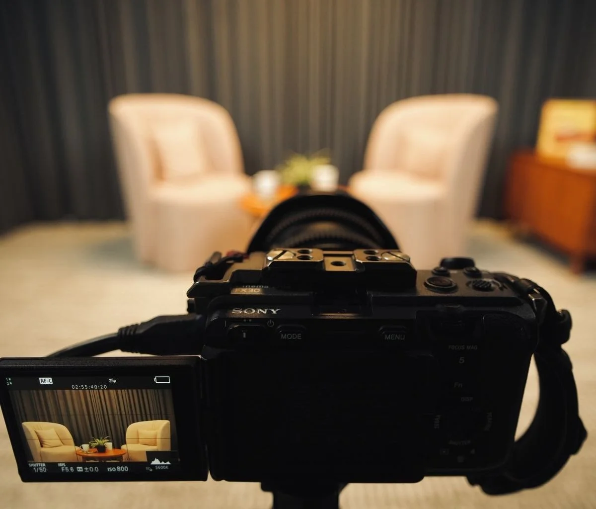 A camera capturing two beige armchairs with a small table between them, topped with a green plant, against a dark striped curtain backdrop.