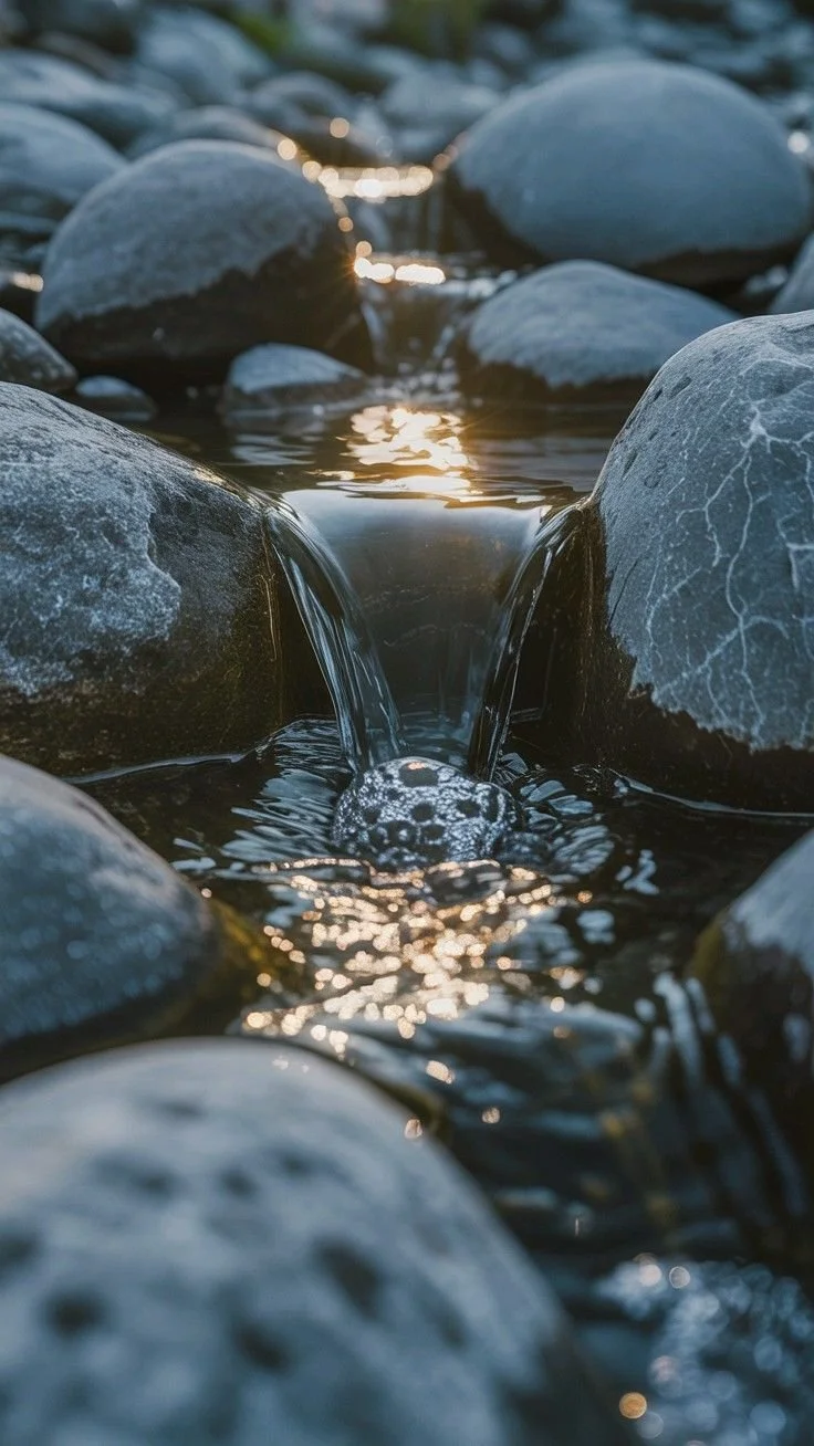 Close-up of a small waterfall flowing between smooth stones in a river, with sunlight reflecting off the water.
