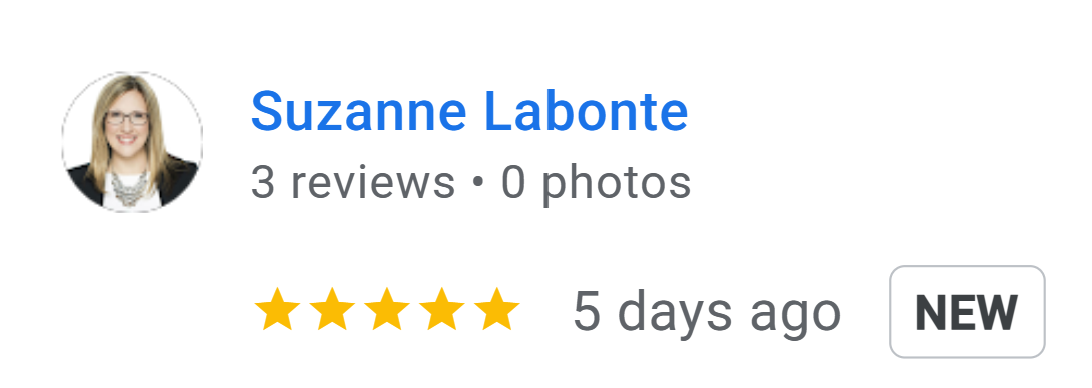 Screenshot of a review profile with the name Suzanne Labonte, three reviews, no photos, a five-star rating, and a