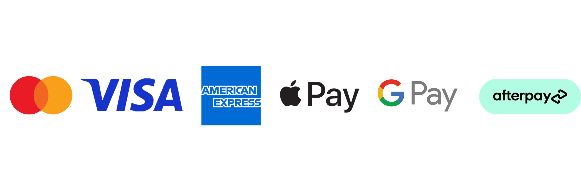 Payment options logos, including Mastercard, Visa, American Express, Apple Pay, Google Pay, and Afterpay.