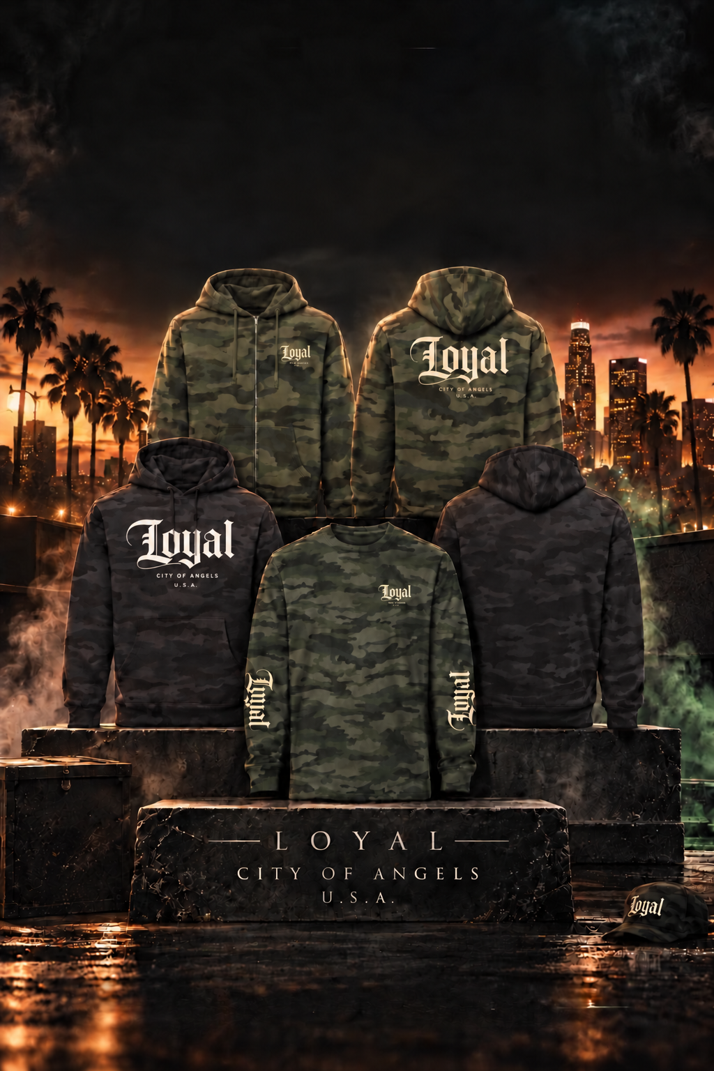 Camouflage hoodies and sweatshirt with the word 'Loyal' printed, displayed on elevated platforms against a cityscape at sunset, with palm trees and smoky atmosphere.