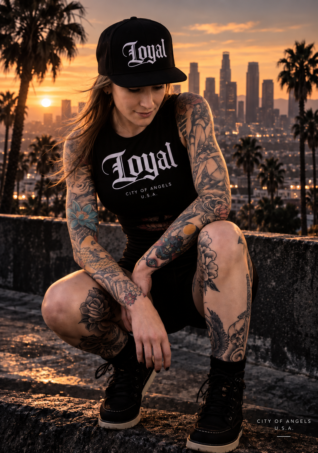Woman with tattoos squatting on a rooftop at sunset in Los Angeles, wearing a black hat and tank top with 'Loyal' written on it.