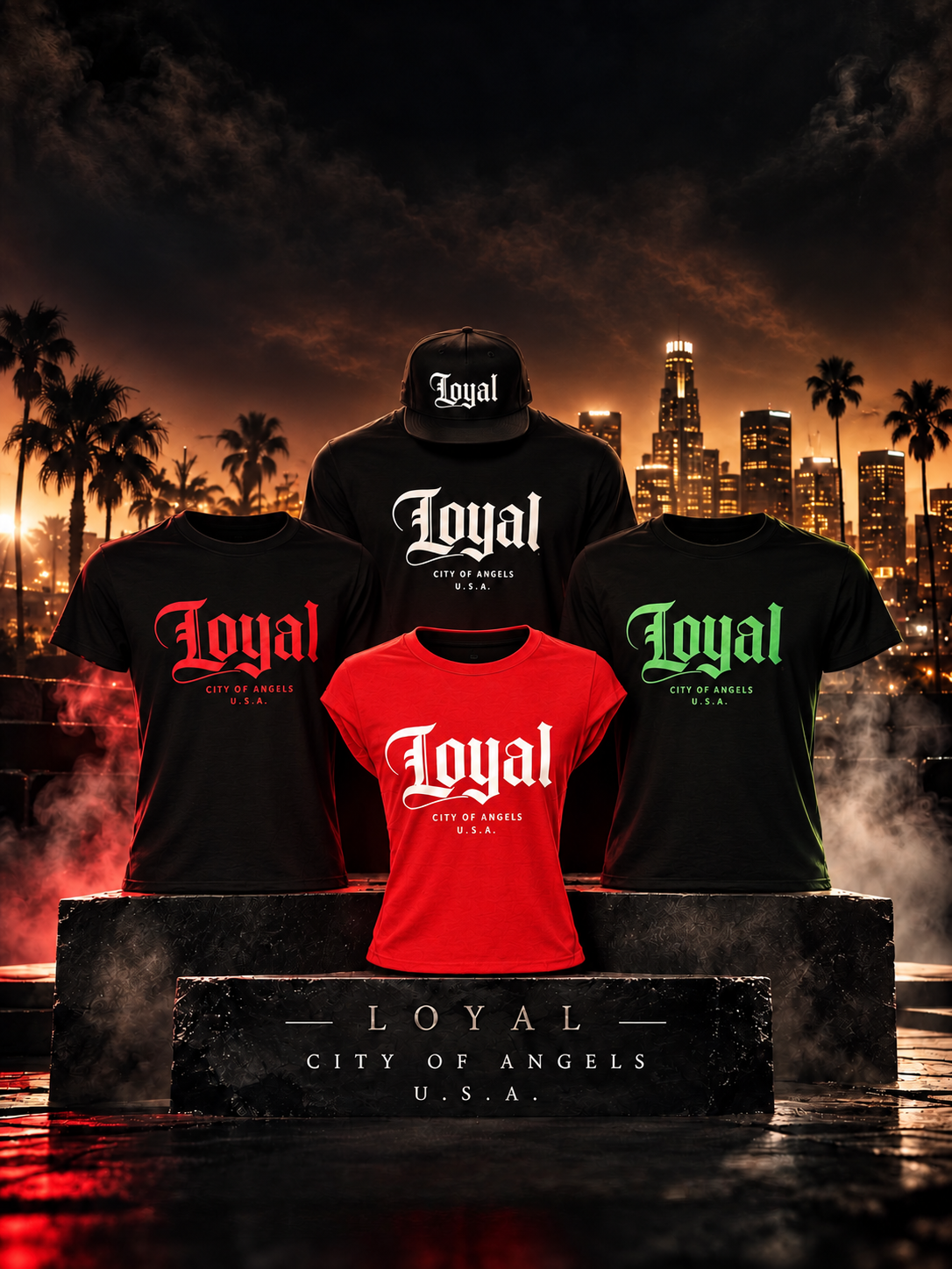 Display of five clothing items, including three t-shirts, a baseball cap, and a women's t-shirt, all with the word 'Loyal' printed on them, set against a city skyline at sunset with palm trees.