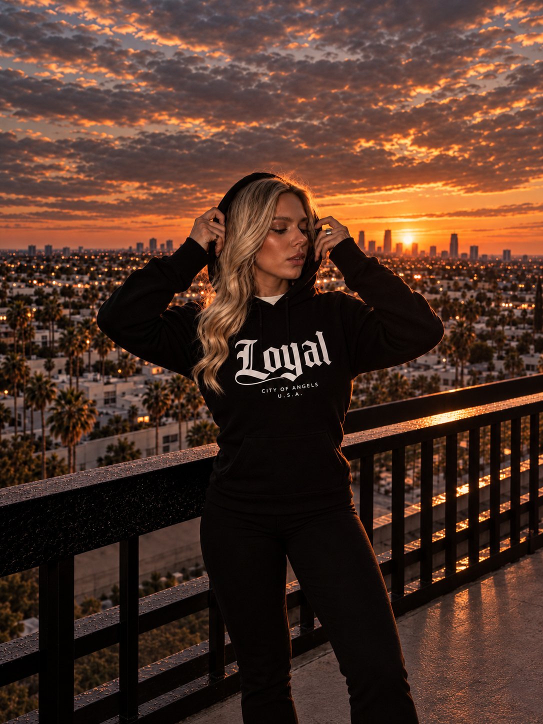 A woman with long blonde hair wearing a black hoodie with the word 'Loyal' in white, standing on a balcony at sunset overlooking a city skyline and palm trees.