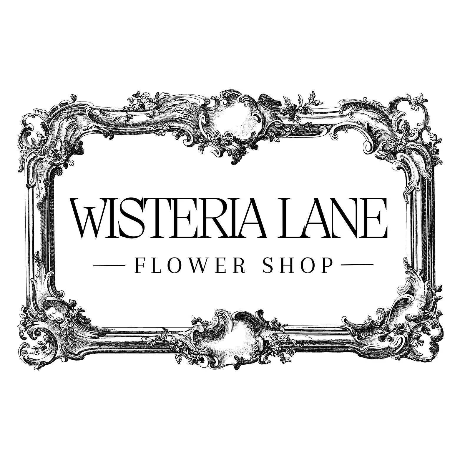 The Wisteria Lane logo features the brand name in a sophisticated, wide-spaced serif typeface, centered within a sprawling, high-detail Baroque frame that uses ornate scrollwork and botanical filigree.