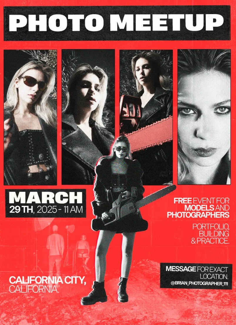 Event poster for a photo meetup in California City on March 29th, 2025 at 11 AM, featuring photos of models and photographers, with a model holding a chainsaw.