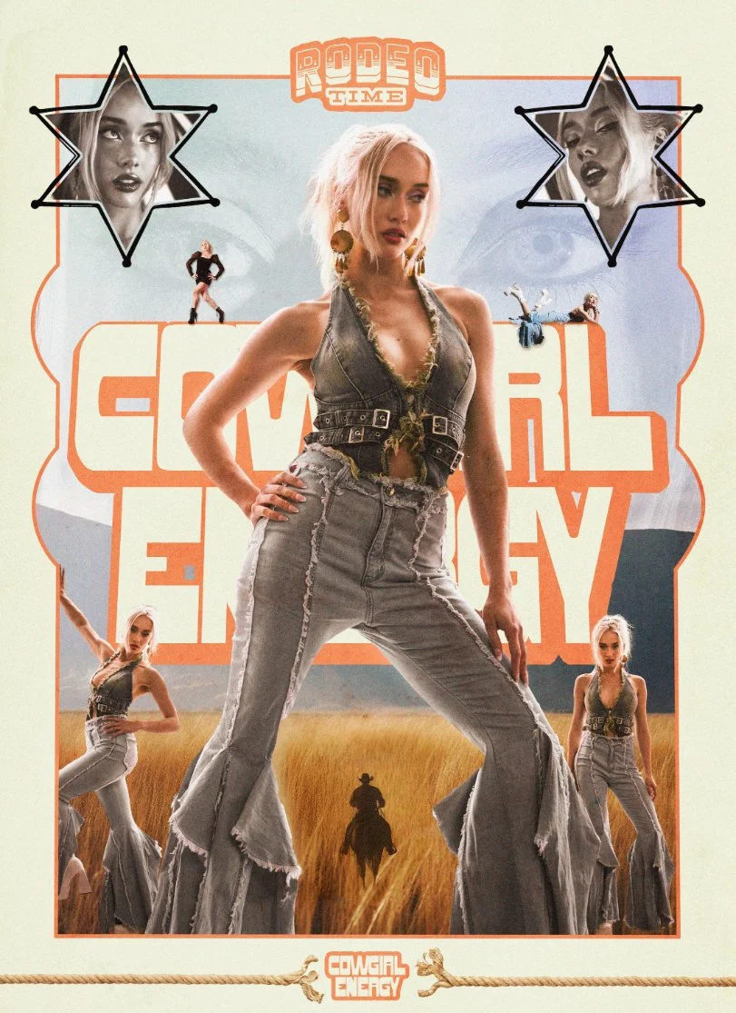 A poster for the movie "Cowgirl Energy" features a woman in the center wearing ripped jeans and a sleeveless denim vest, with a girl in similar attire on either side. Two black-and-white star-shaped framed portraits of women are at the top, and a cow