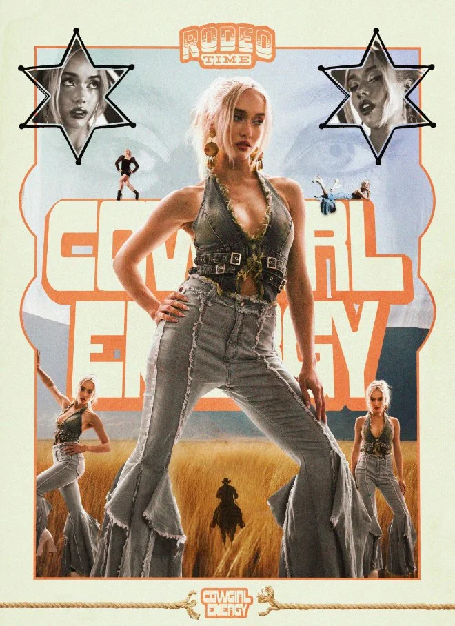 A promotional poster for the movie "Cowgirl Energy" featuring a blonde woman in a denim vest and distressed jeans standing in a field, with two smaller women in similar outfits on her sides, one on each side. Two star-shaped portraits with black outl