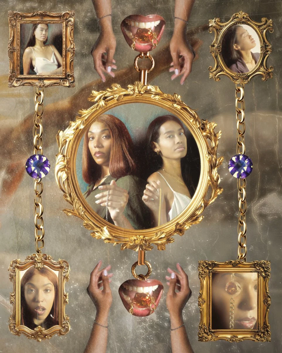 A collage featuring several ornate gold picture frames with photographs of women, complemented by decorative elements like chains, gemstones, and stylized mouths with jewelry, set against a textured background.