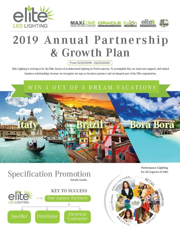 Cover page of Elite LED Lighting's 2019 partnership and growth plan, featuring logos of MaxLume, Oracle, Fusion, and Elite. It includes a promotional banner about winning 1 out of 3 dream vacations to Italy, Brazil, or Bora Bora, with images of these
