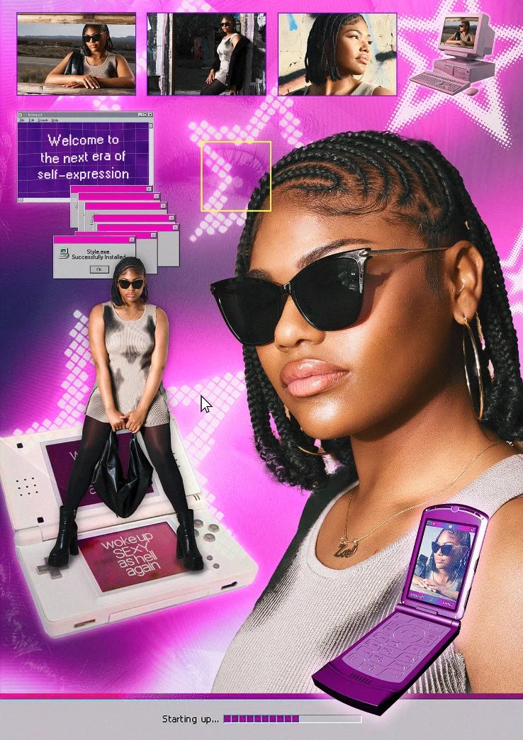 A collage with a vibrant pink and purple background, featuring a large portrait of a woman with braided hair and sunglasses, multiple smaller images of her in different poses, a vintage pink computer with a woman sitting on the keyboard, a flip phone