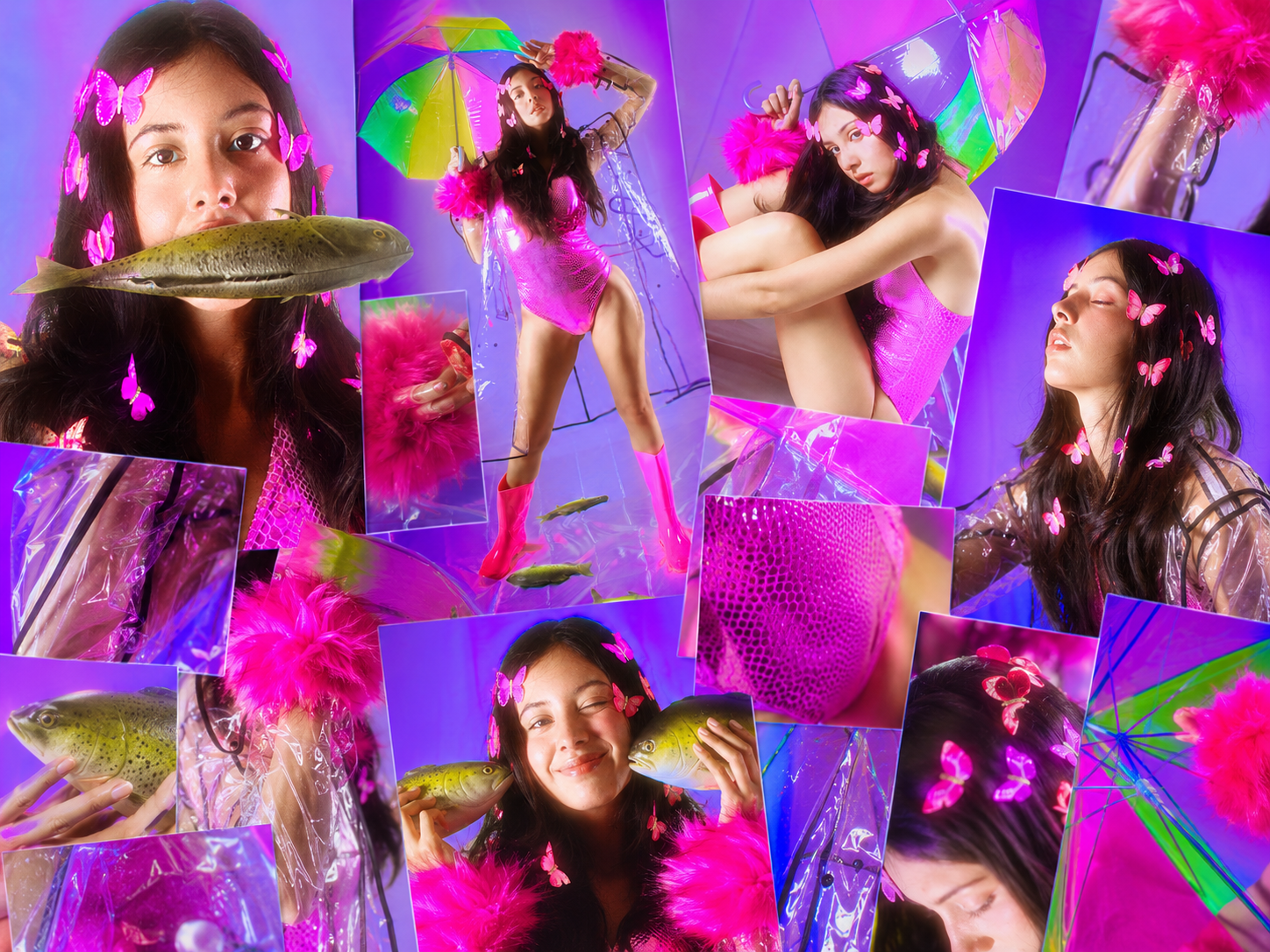 Collage of women with dark hair adorned with pink butterflies, wearing pink outfits, holding fish, and with colorful umbrellas, set against a vibrant purple background.