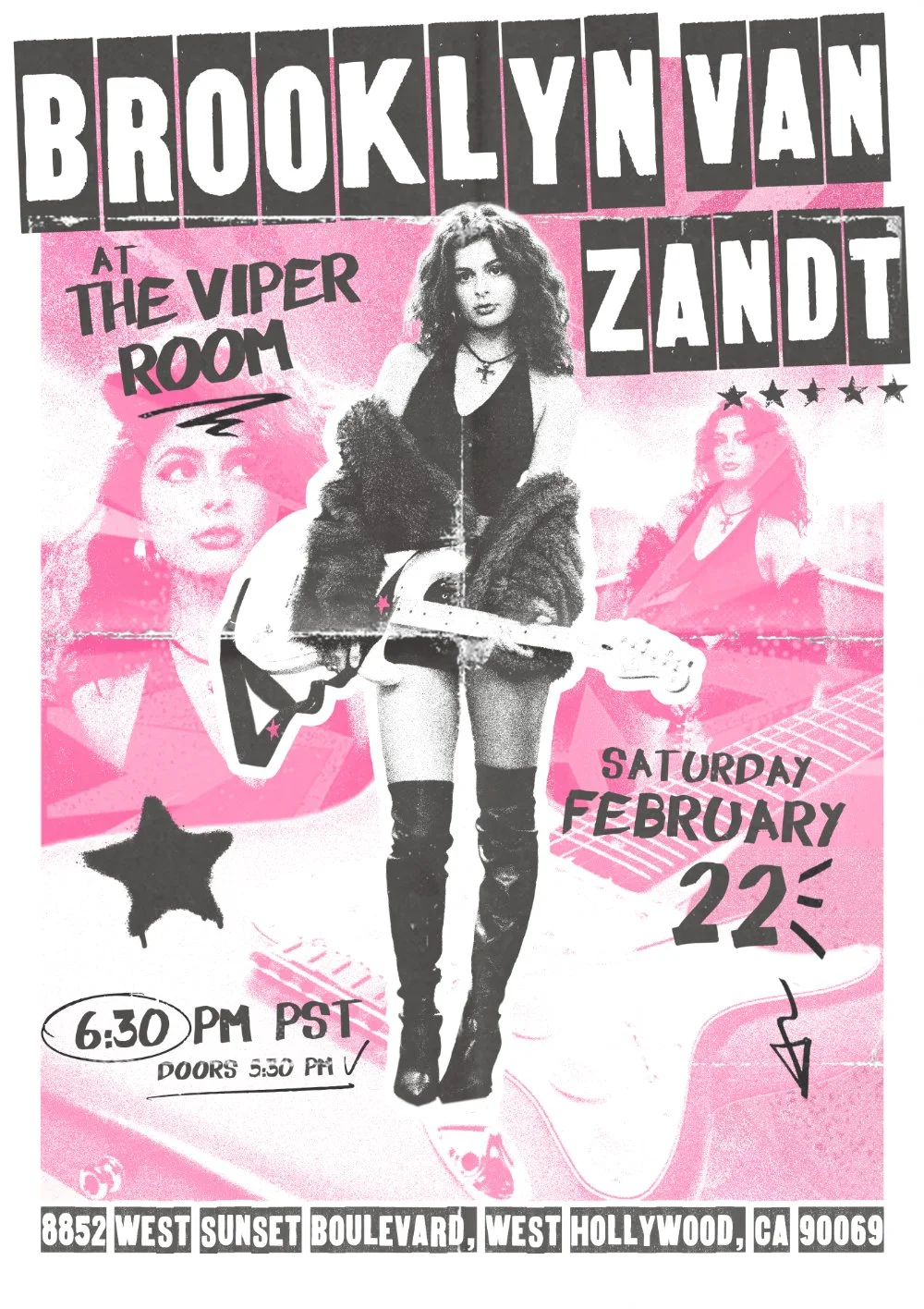 Pink and black concert flyer featuring a woman with curly hair holding a guitar, advertising a performance by Brooklyn Nyan at the Viper Room on Saturday, February 22. Event details include 6:30 PM PST start time, with doors opening at 5:30 PM, and t