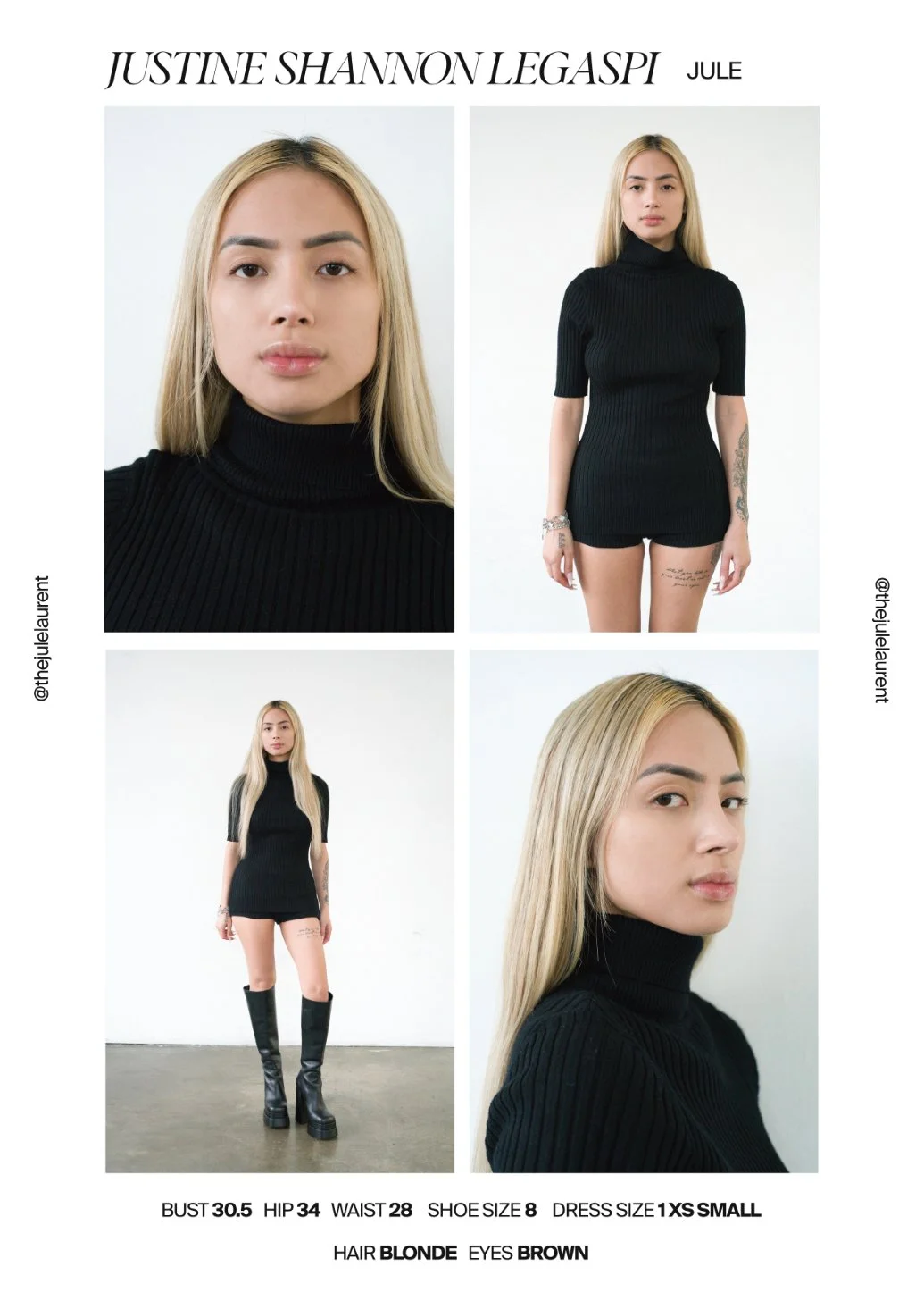 Model posing in a black ribbed turtleneck top and shorts, with blonde hair and brown eyes, featuring tattoos on her left arm and thigh, photographed against a plain white background.