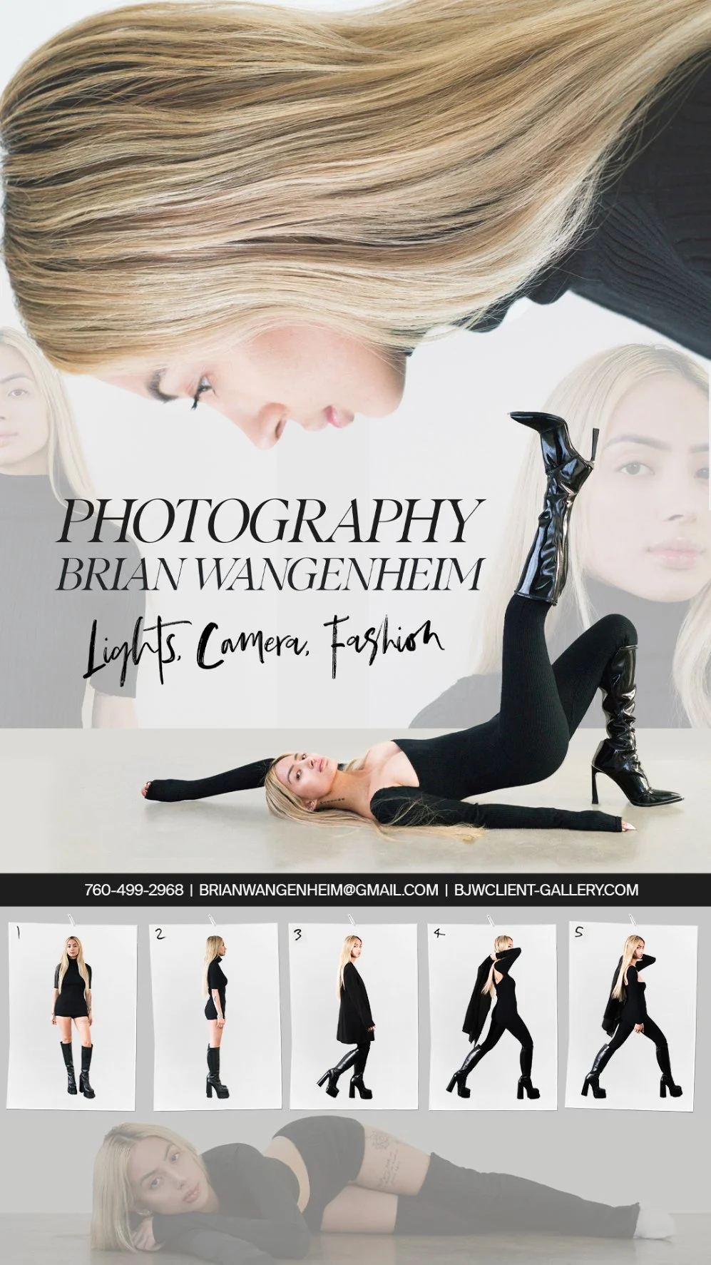 Professional photography poster featuring a blonde woman in black outfits, with poses including lying on the floor and standing in profile, showcasing fashion and photography services.