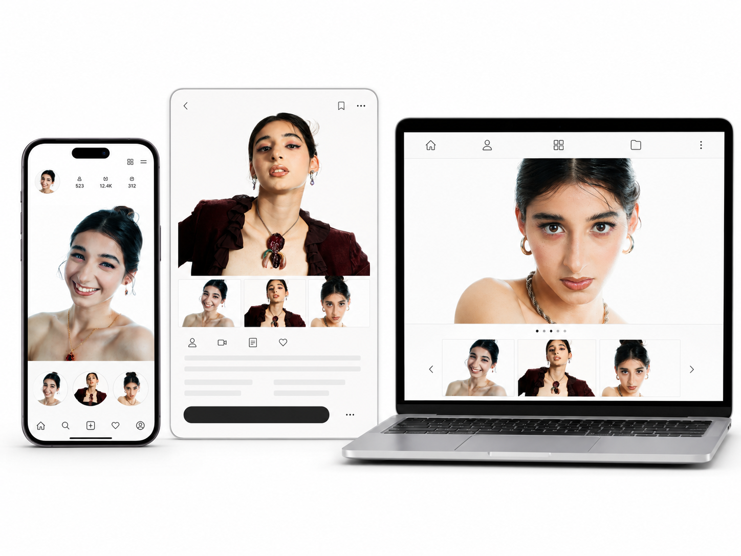 Multiple digital devices displaying photos and profiles of a woman with dark hair and earrings, set against a white background.