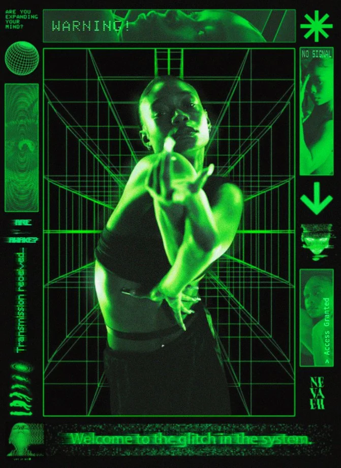 A person poses with an extended middle finger in front of a digital, grid-like, neon green holographic interface featuring warning messages, a globe, and various technological graphics, with a sci-fi aesthetic and the phrase "Welcome to the glitch in