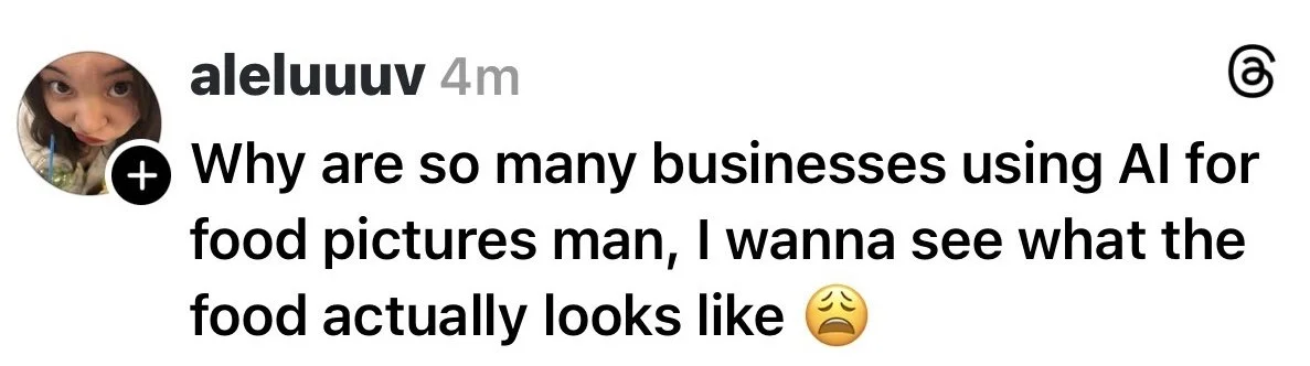 Screenshot of an Instagram story with a user's comment about AI-generated food pictures.