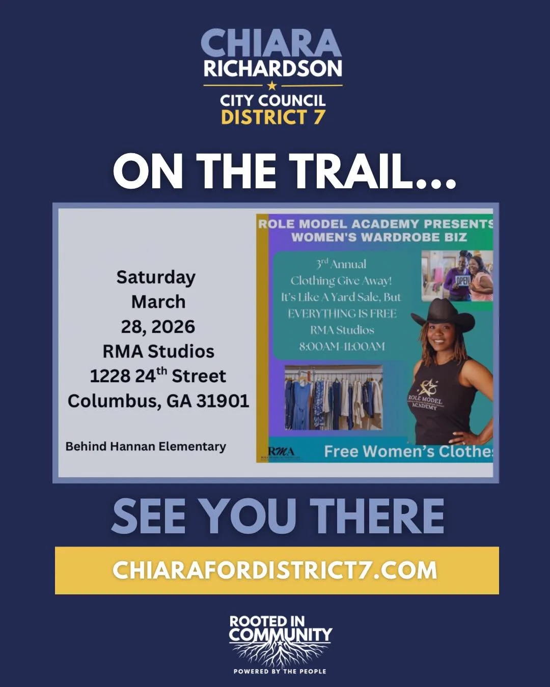 Good Morning District 7! 

You still have time to join me at the RMA Academy 3rd Annual Clothing giveaway! 

Showing up for our community isn&rsquo;t a talking point for me, it&rsquo;s a commitment. One of my priorities is making sure every resident 
