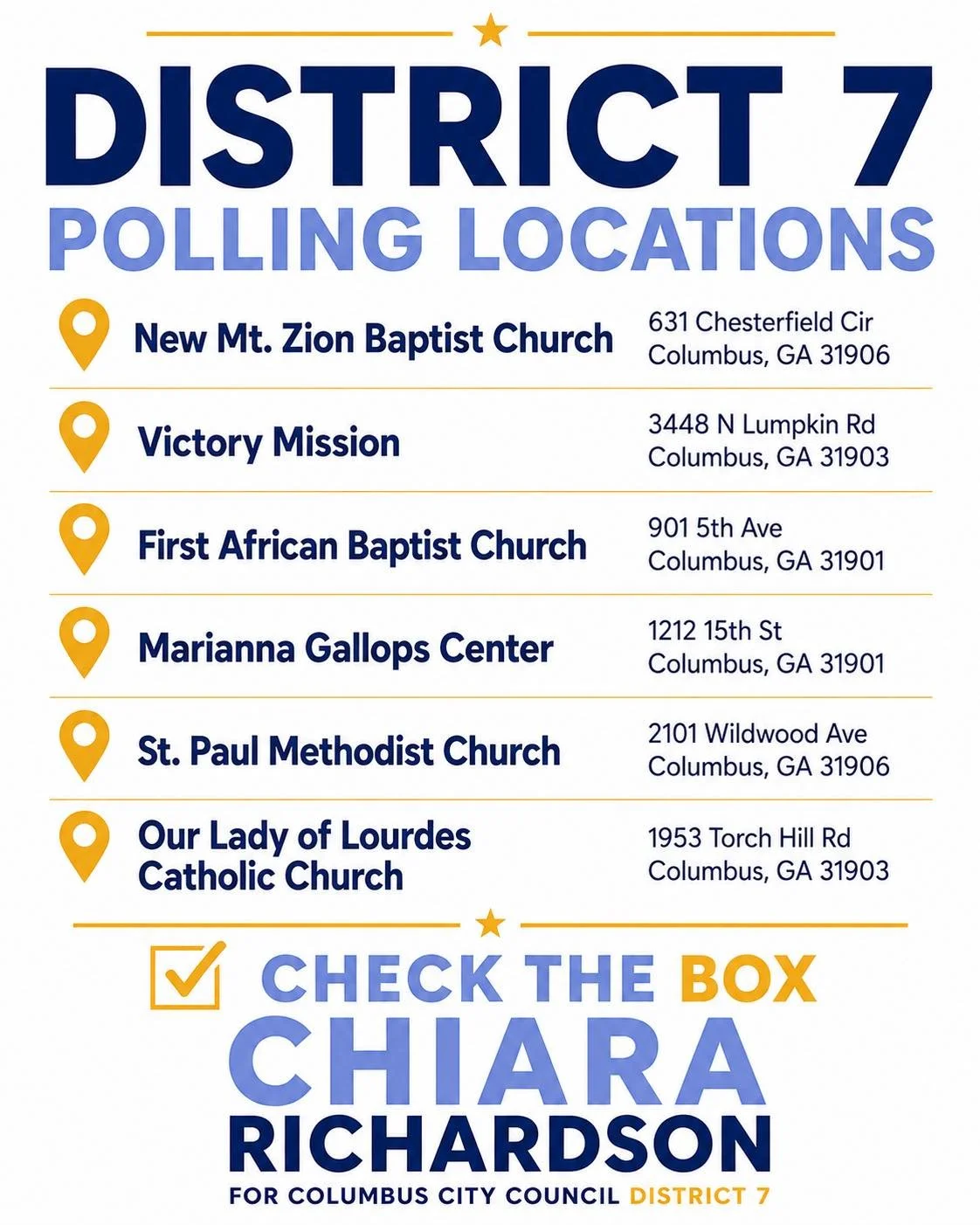 District 7💙

Here are our polling locations! 
Visit my website www.chiarafordistrict7.com to check your status and polling location! 

#chiarafordistrict7