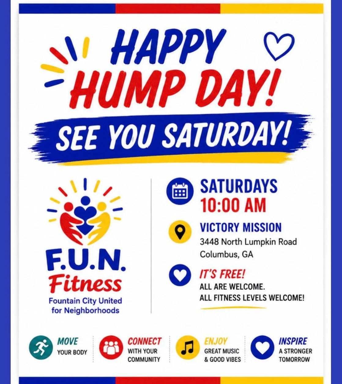 Happy Hump Day, District 7! ☀️

Looking for a fun, free way to move your body and connect with community this weekend? Join F.U.N. Fitness this Saturday at Victory Mission!

This is exactly the kind of community-centered wellness, connection, and pos