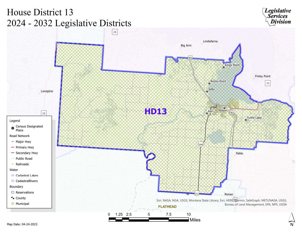 Map of House District 13, covering parts of Montana, outlined in blue, showing boundaries, highways, lakes, rivers, and populated places, created by the Legislative Services Division.