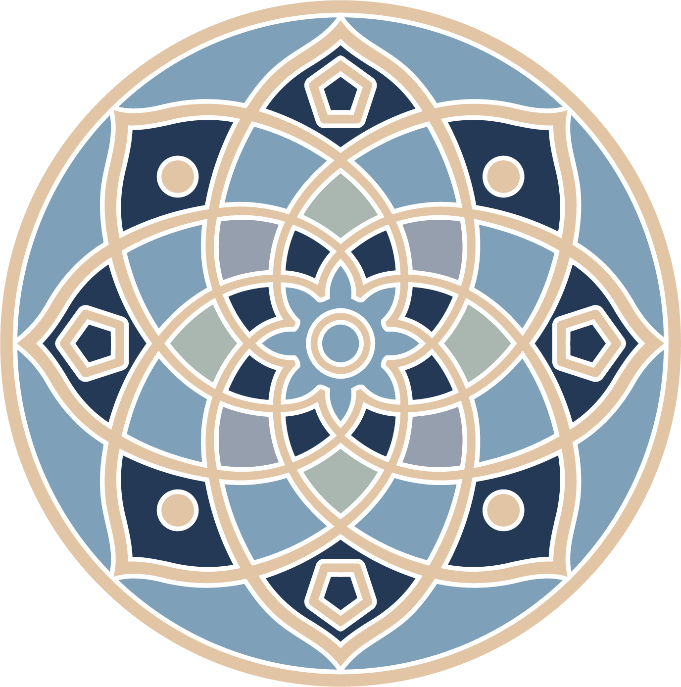 A colorful, intricate geometric stained glass design with symmetrical patterns and a mix of blue, gray, and dark tones.