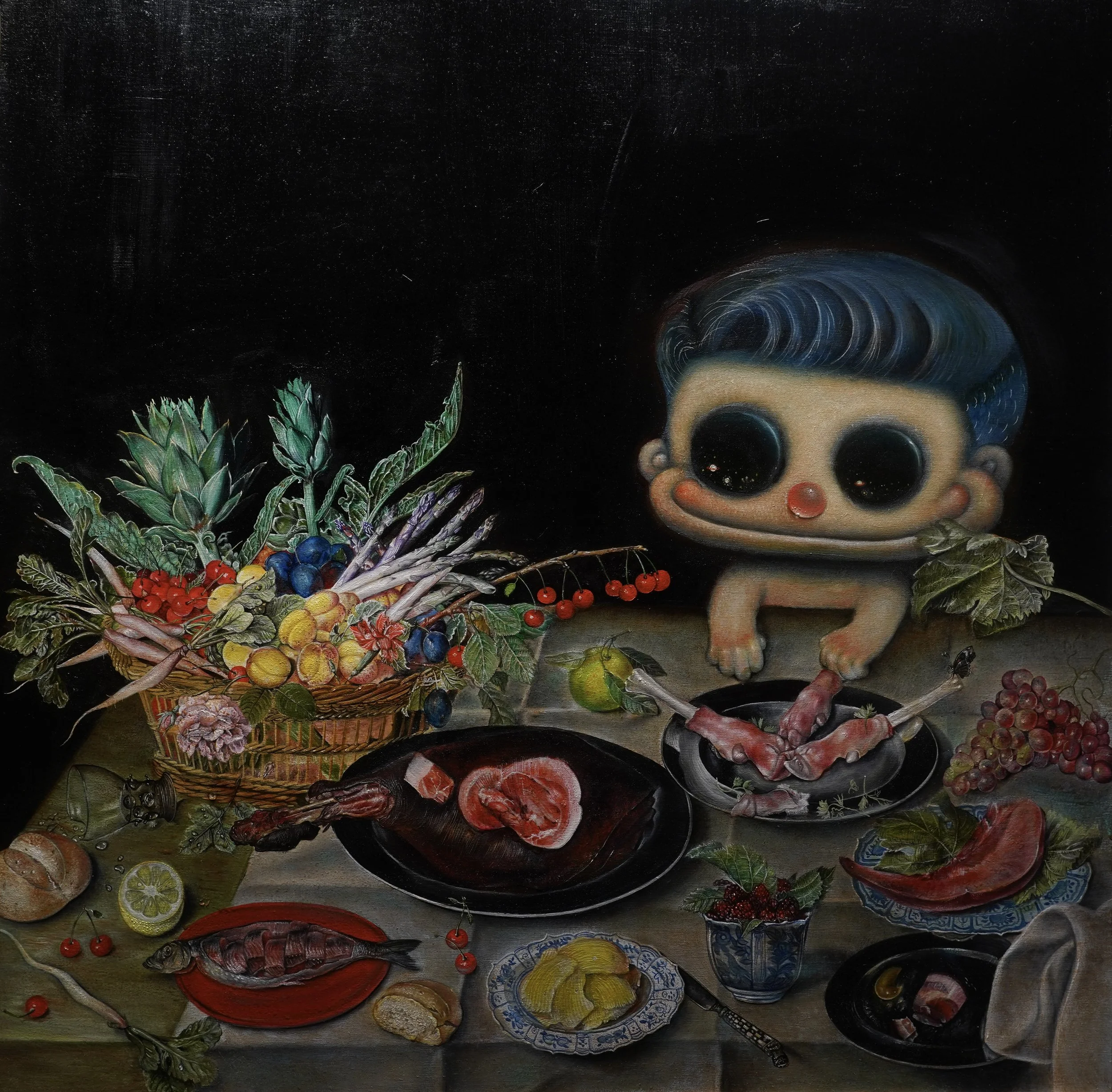 The Dinner Never Ends, 
Oil on panel, 2025
Size: 24 × 24 inch 