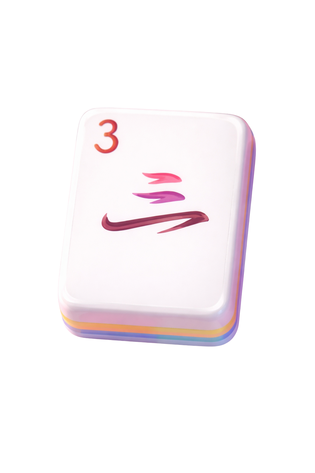 A colorful card with a red number 3 in the top left corner, and three stylized lines in shades of pink and purple beneath it