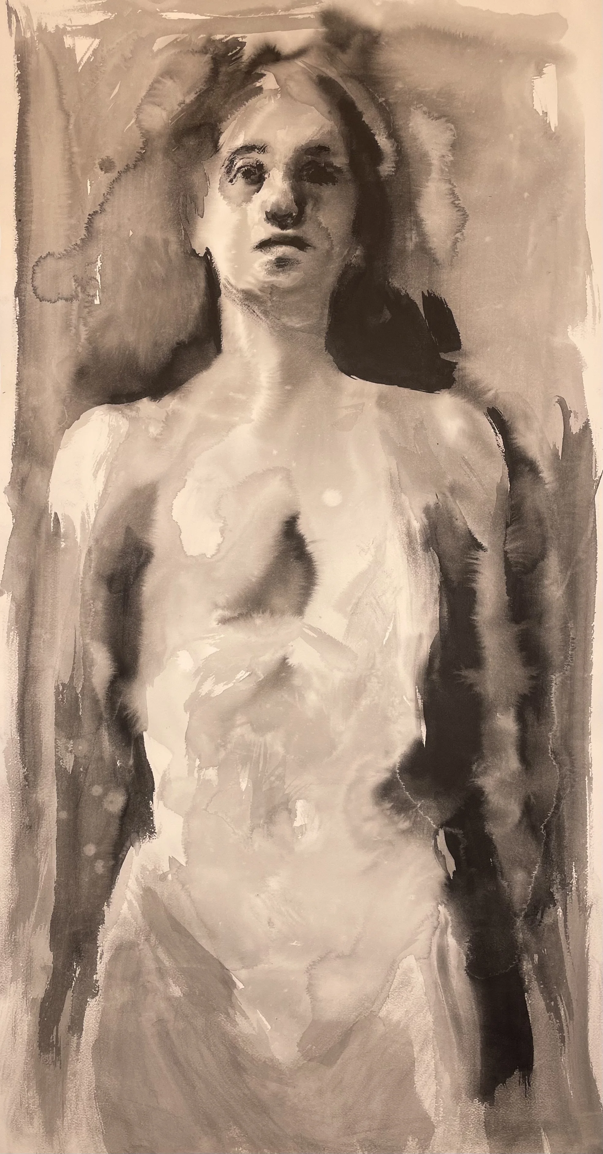 Large expressive ink painting of a reclining female nude figure by Haddar Macdasi, sumi-e inspired figurative ink on paper