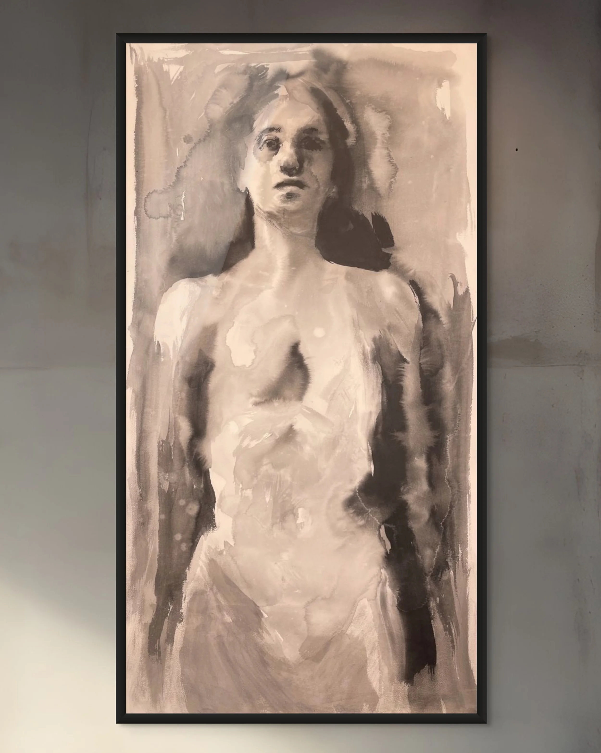 Large expressive ink painting of a reclining female nude figure by Haddar Macdasi, sumi-e inspired figurative ink on paper