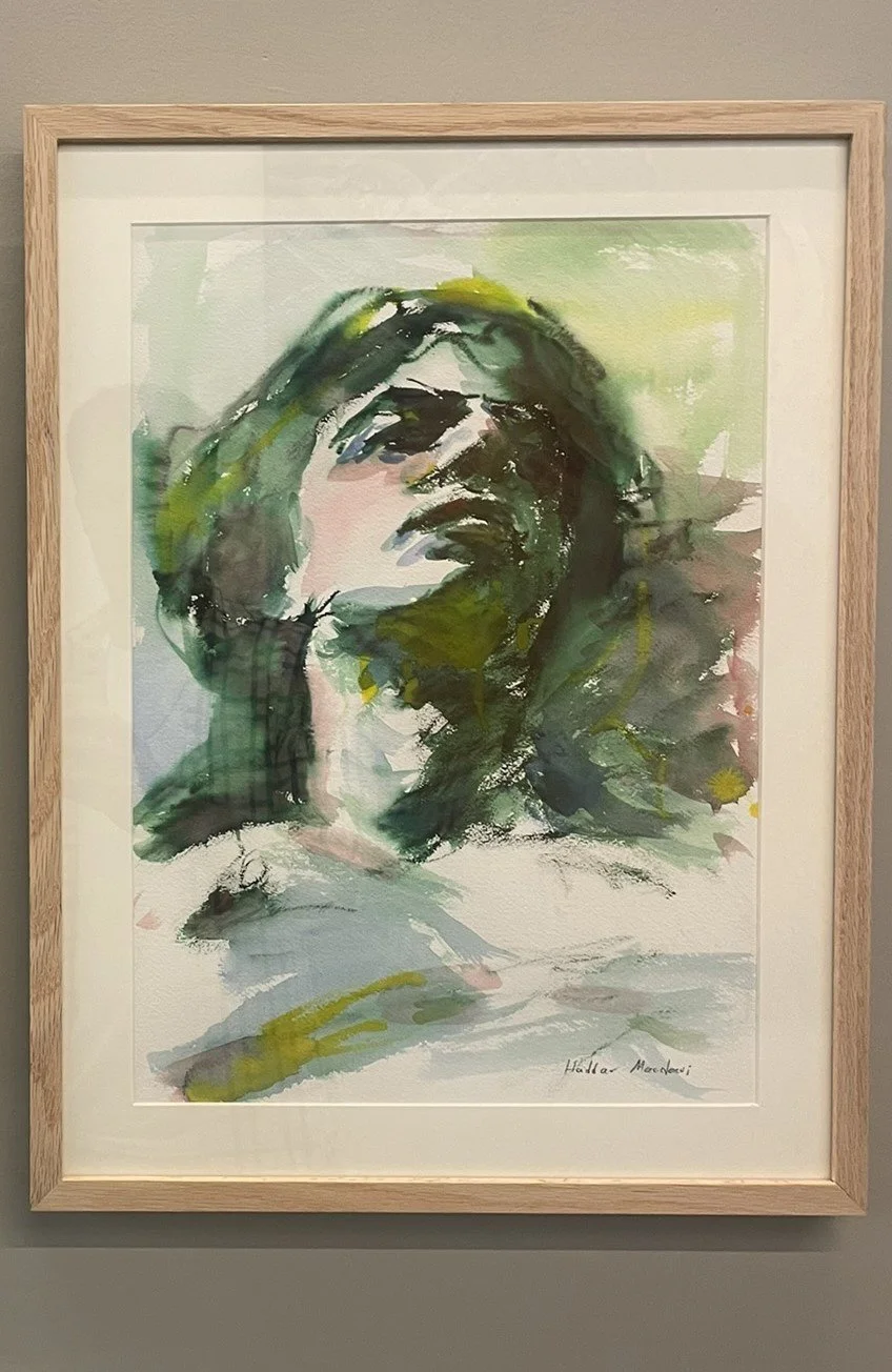 Green watercolor portrait painting of a female figure looking upward, expressive contemporary watercolor by Haddar Macdasi