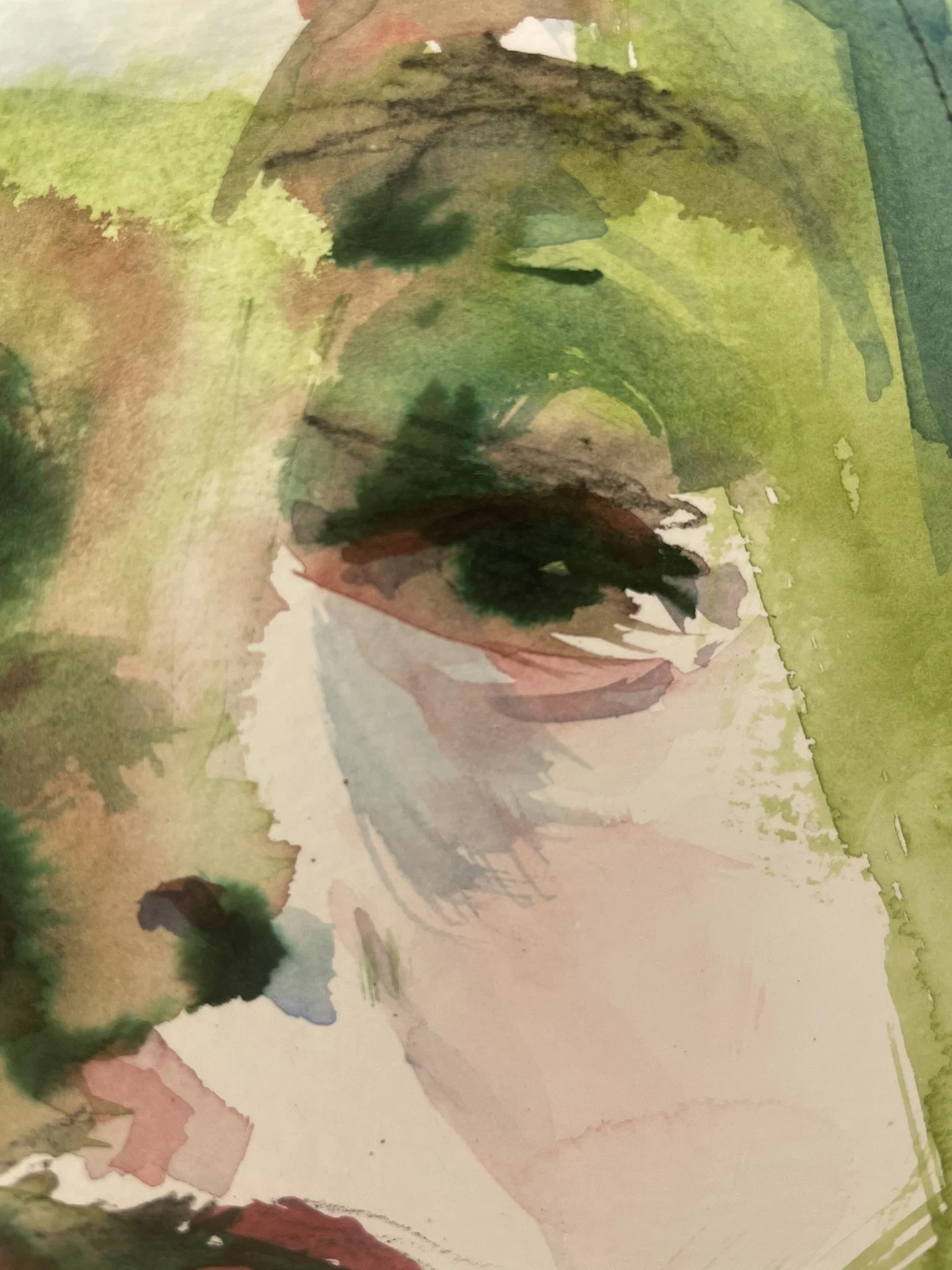 Expressive watercolor portrait painting in green tones by Haddar Macdasi, contemporary figurative watercolor on paper