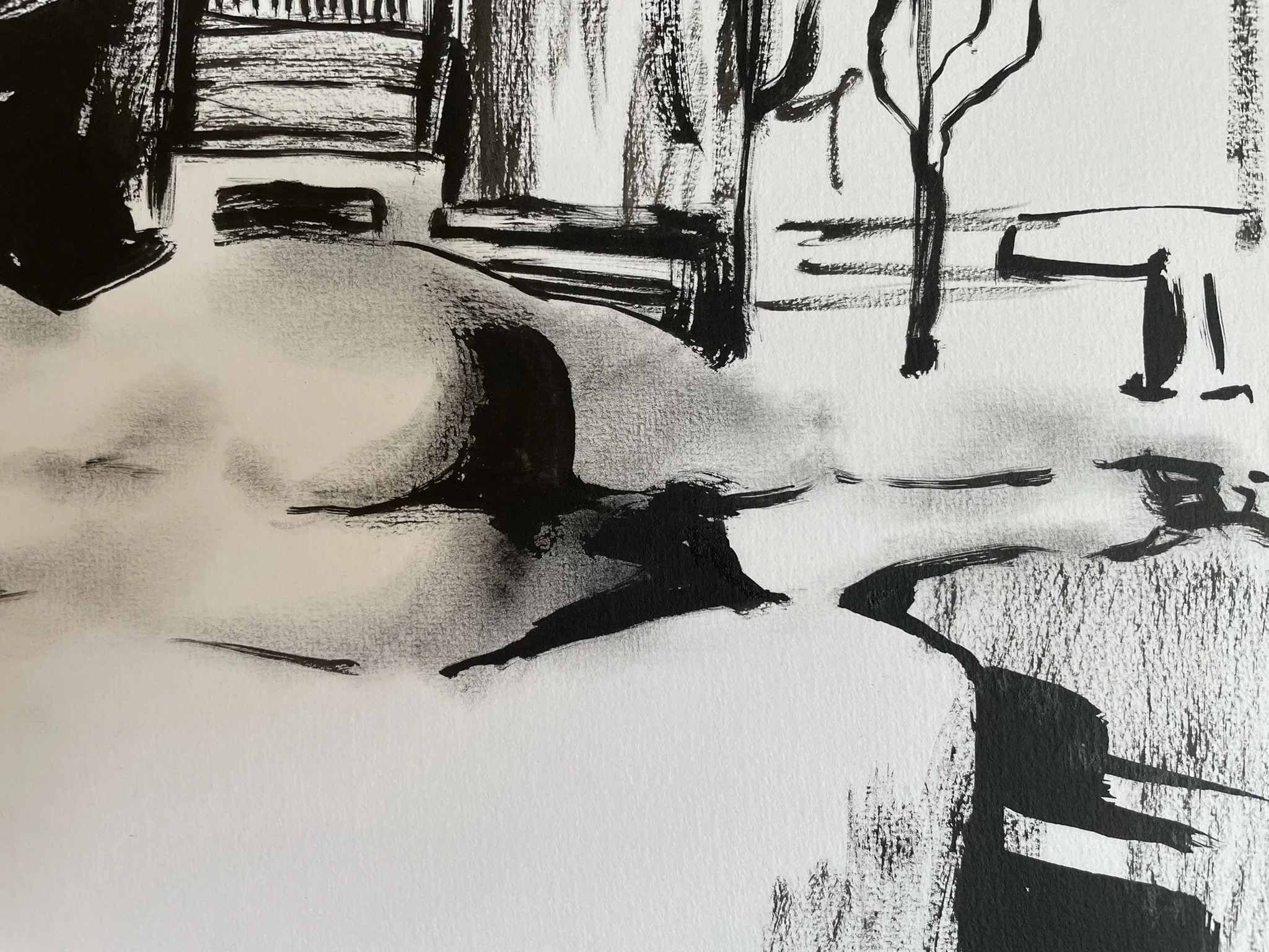Contemporary ink figure painting of a reclining female nude on a bed by Haddar Macdasi, expressive black ink on paper