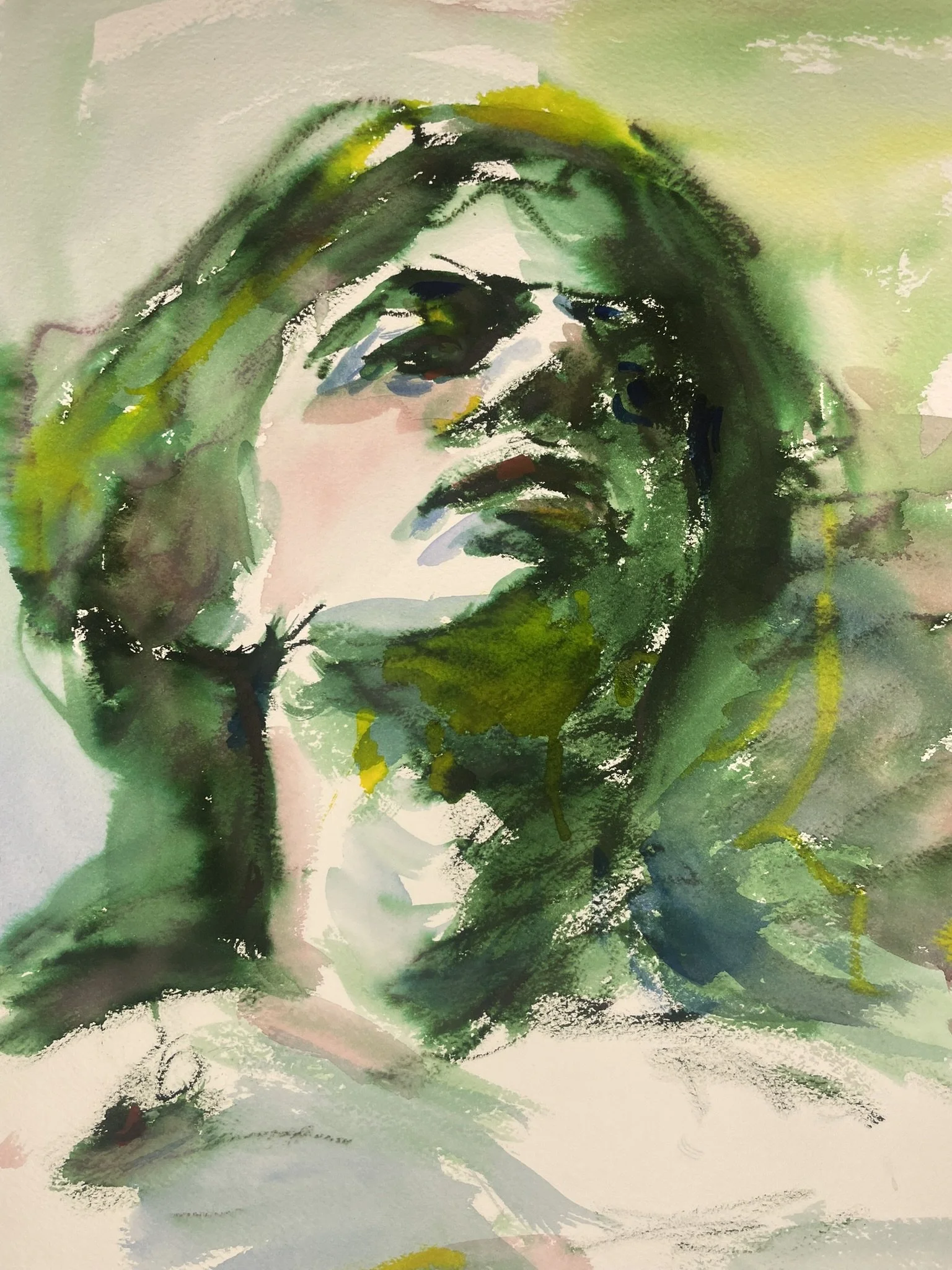 Green watercolor portrait painting of a female figure looking upward, expressive contemporary watercolor by Haddar Macdasi