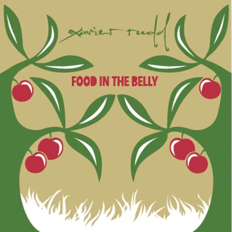 Illustration of cherry tomato plant with red cherries and green leaves, with the text "FOOD IN THE BELLY" in red and handwritten text at the top.