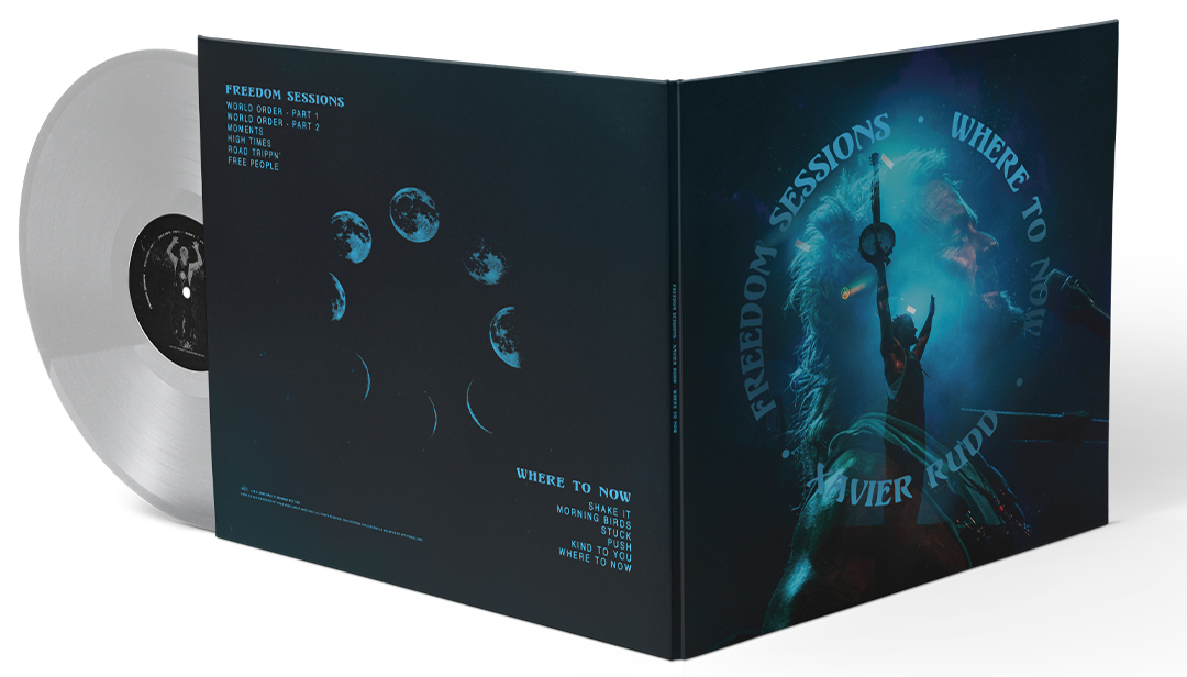 Vinyl record and album cover for Jovan Morrison's Freedom Sessions, featuring moon phases and a woman with her arm raised.