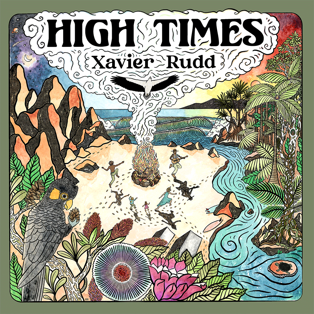 Colorful album cover art for "High Times" by Xavier Rudd, depicting a coastal scene with people dancing around a bonfire, a river flowing into the ocean, tropical plants, a parrot, and vibrant skies at sunset.
