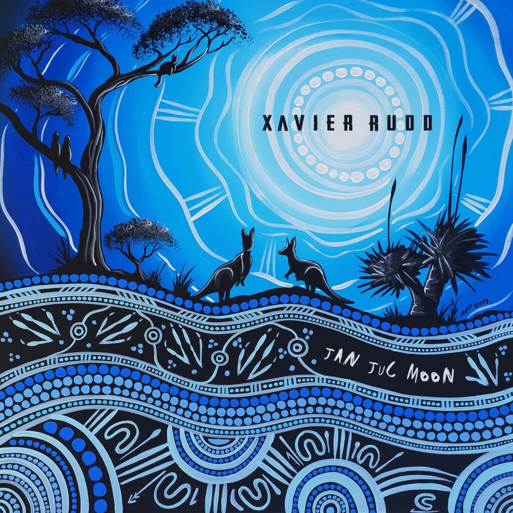 Blue abstract artwork with trees, kangaroos, and circular patterns, featuring the text 'Xavier Rudd' and 'Jan Juic Moon'.