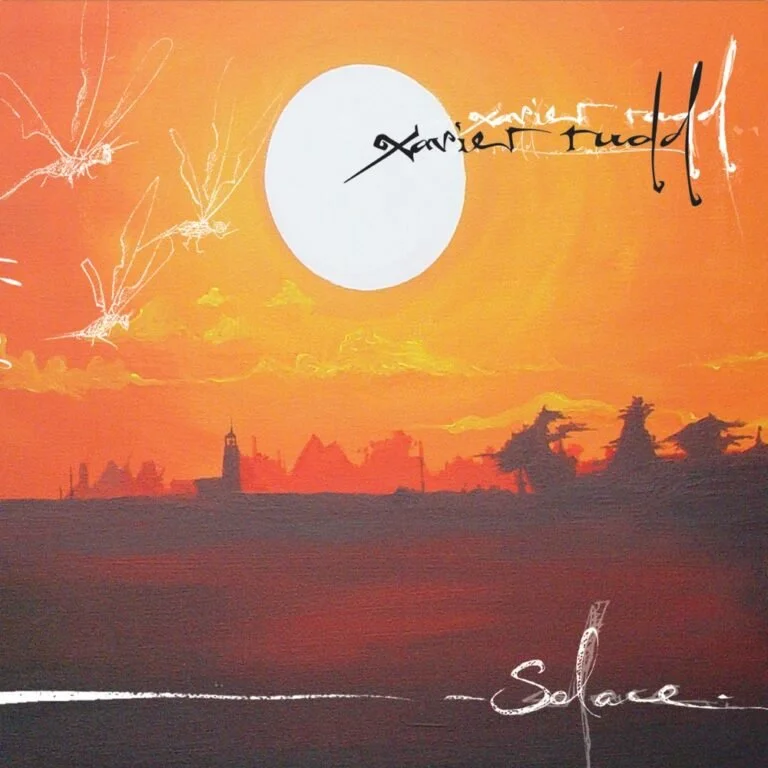 Sunset with an orange sky, silhouettes of trees and buildings, white flying insects, large white sun or moon, sketch-like text 'Jacques Fud' near the sun, and the word 'Space' written at the bottom.
