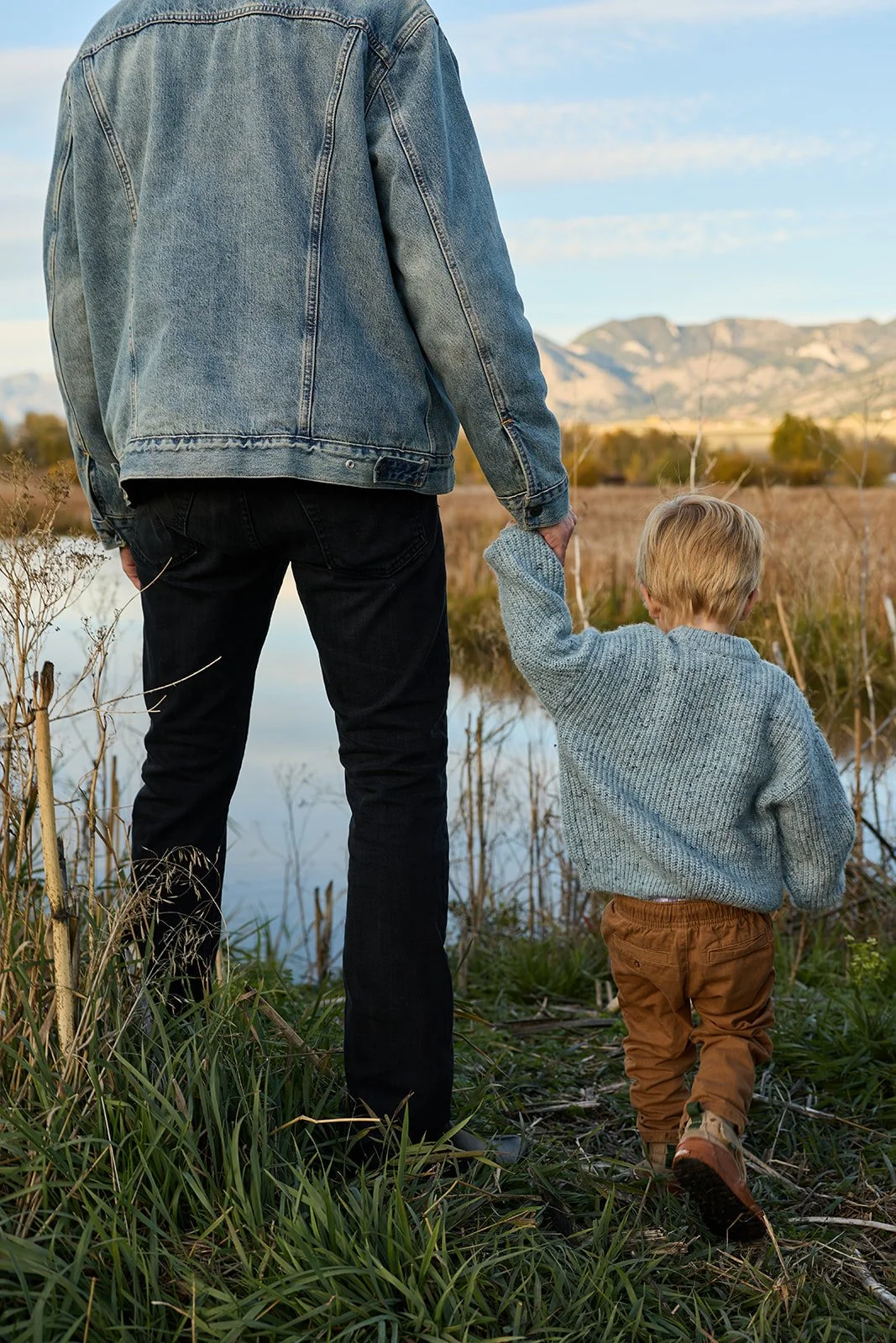 A person and a young child holding hands walking through a grassy, marshy area near a body of water, with mountains and a blue sky in the background.