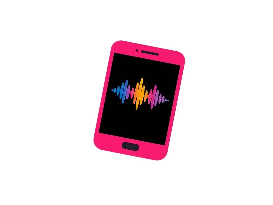 Pink smartphone displaying a colorful audio waveform on the screen.