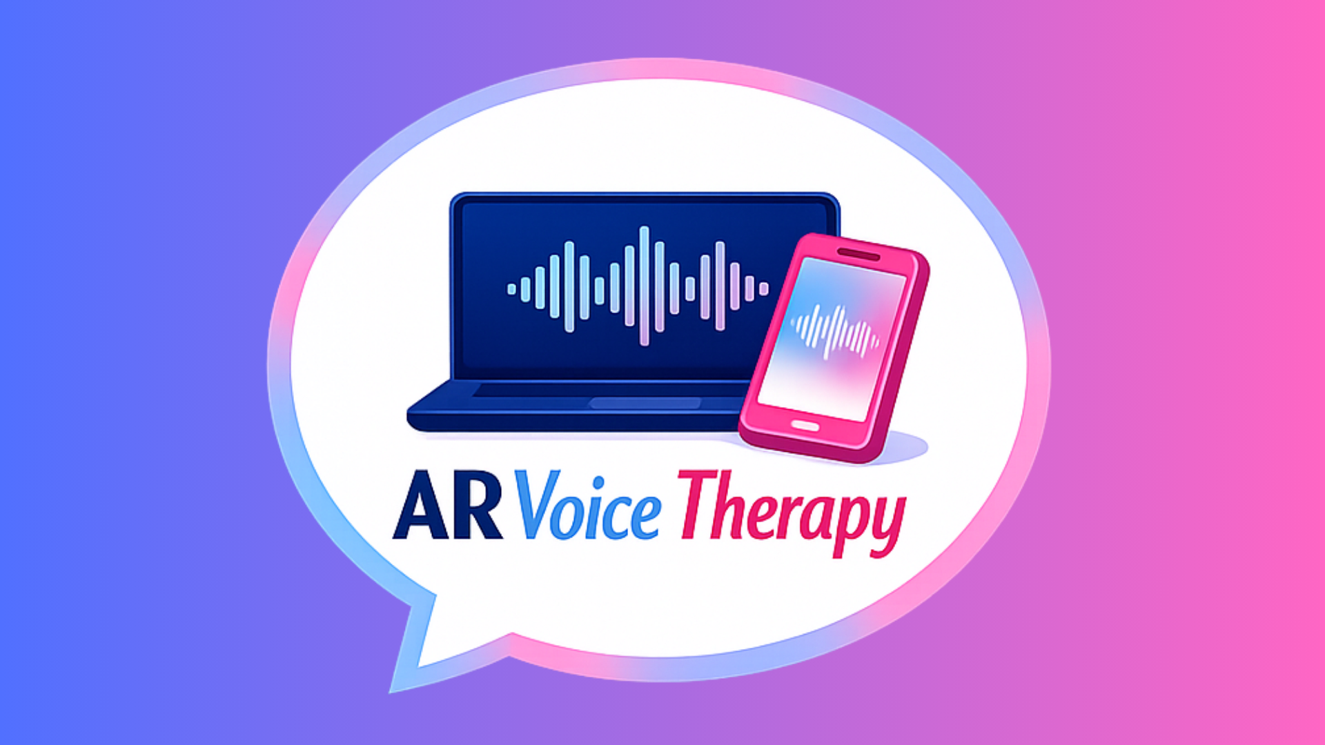Graphic logo for AR Voice Therapy featuring a speech wave on a laptop and a smartphone, with text 'AR Voice Therapy' in blue and pink, on a pink and blue gradient background.