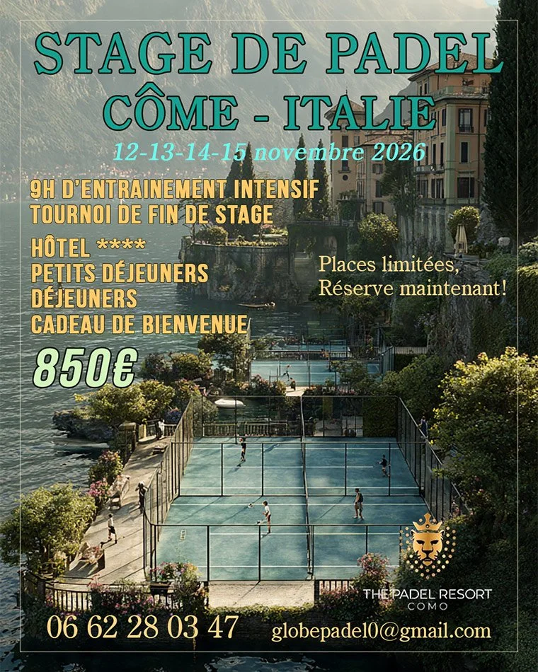 Stage de padel à Côme, Italie, du 12 au 15 novembre 2026, événement, hébergement, contact, 850 euros.