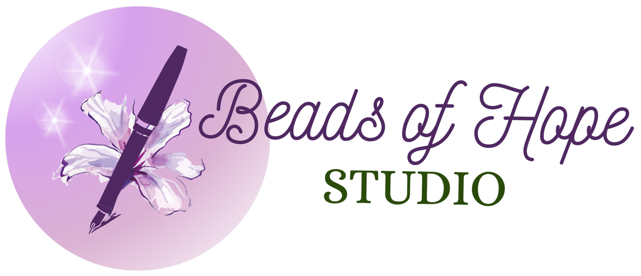Logo for Beads of Hope Studio, featuring a purple circle with a white flower and a fountain pen, and the text 'Beads of Hope' in purple cursive and 'STUDIO' in green.
