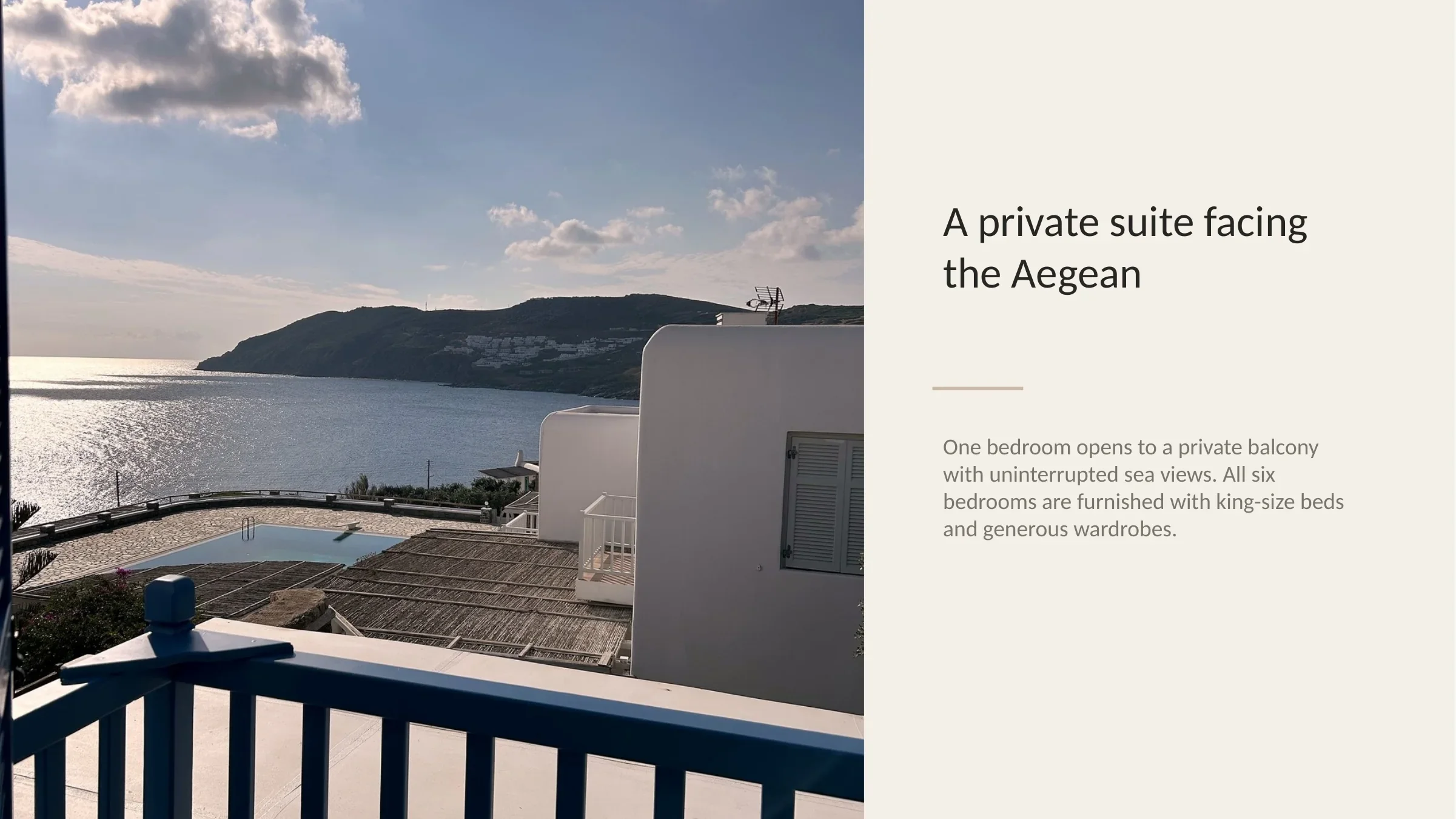 Private bedroom suite opening onto a balcony with uninterrupted views across the Aegean Sea.