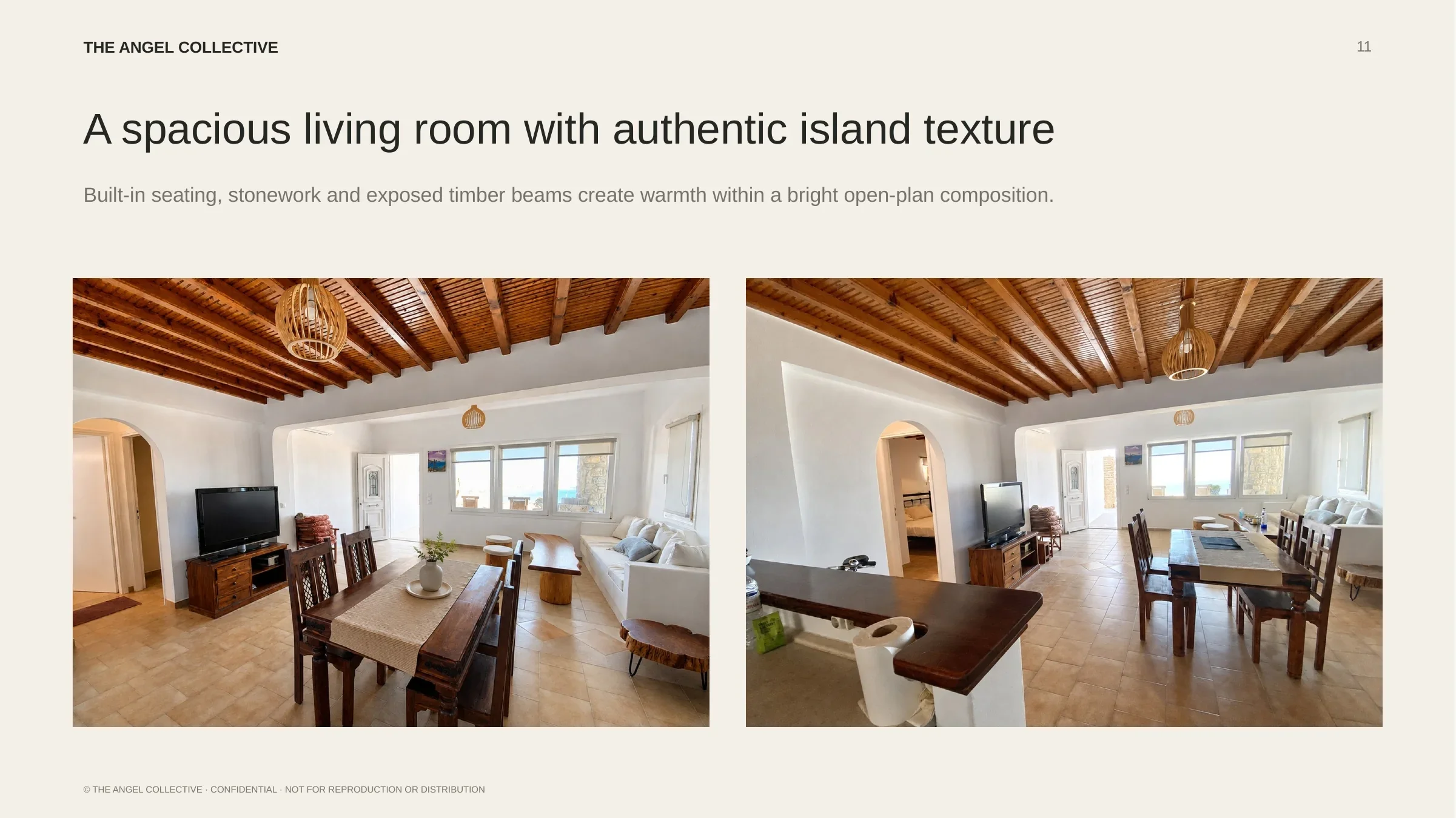 Spacious living room with built-in seating, exposed timber beams and traditional island textures.