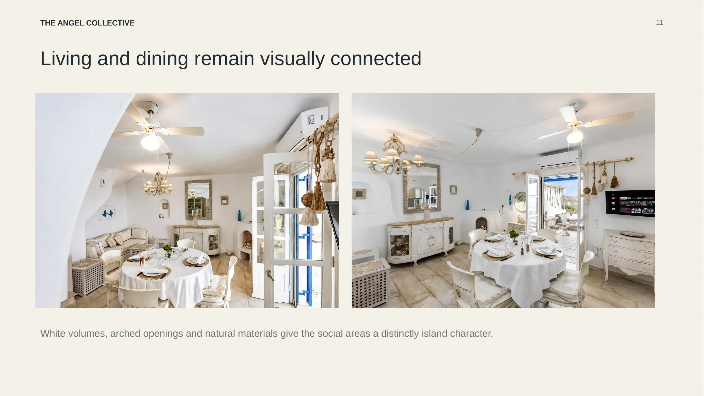 Bright Cycladic living and dining spaces with white arches, natural materials and marble flooring.