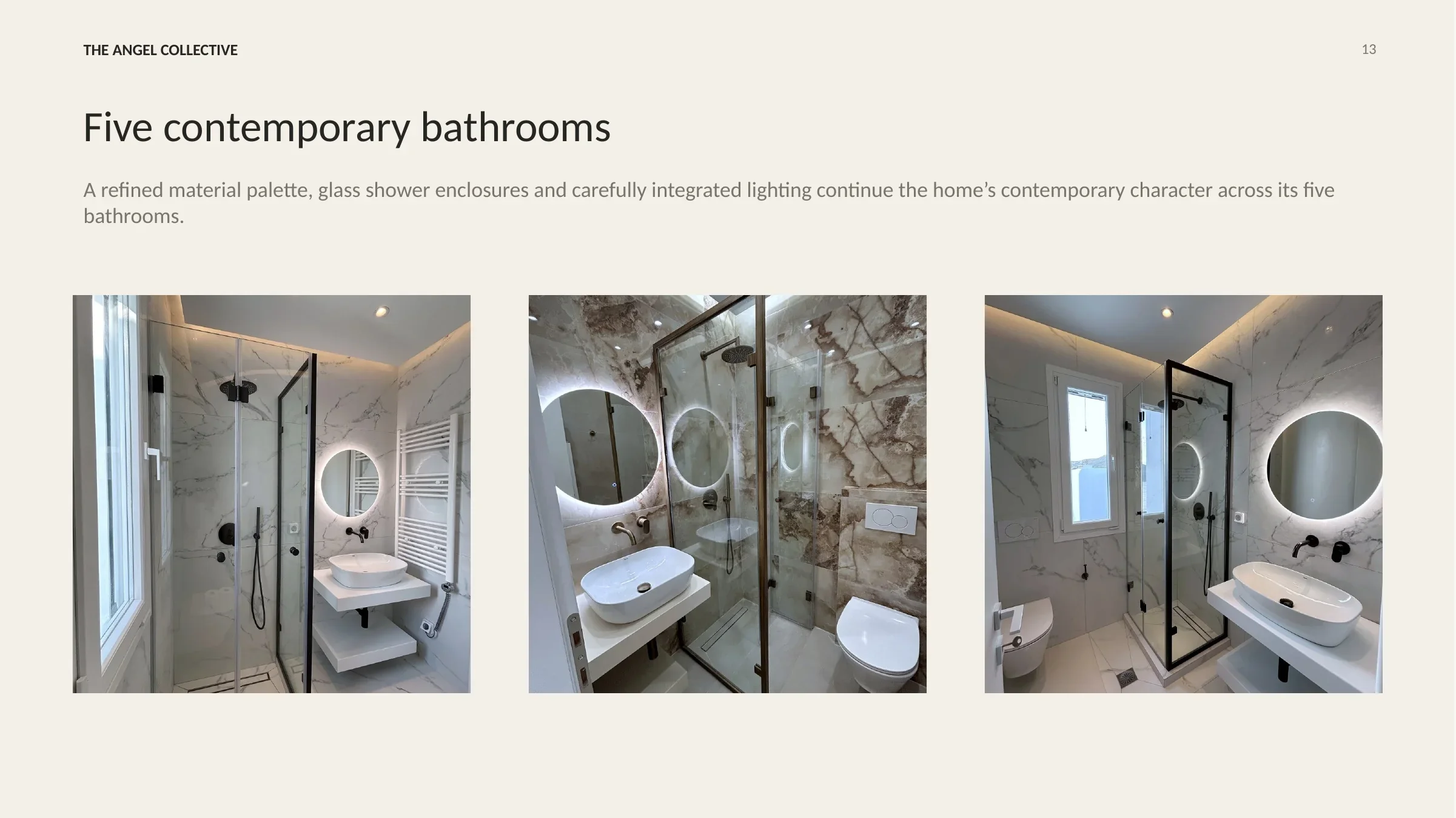 Contemporary bathrooms with refined finishes, glass shower enclosures and integrated circular lighting.
