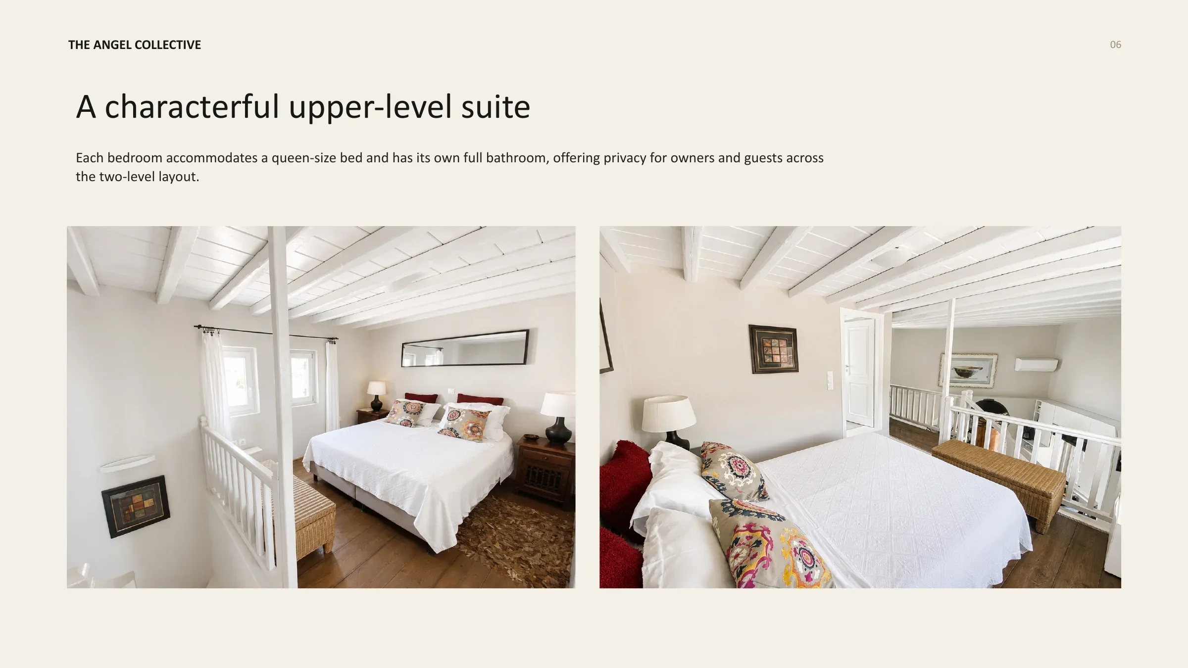 Characterful upper-level bedroom with a queen-size bed, white timber ceiling and private bathroom.